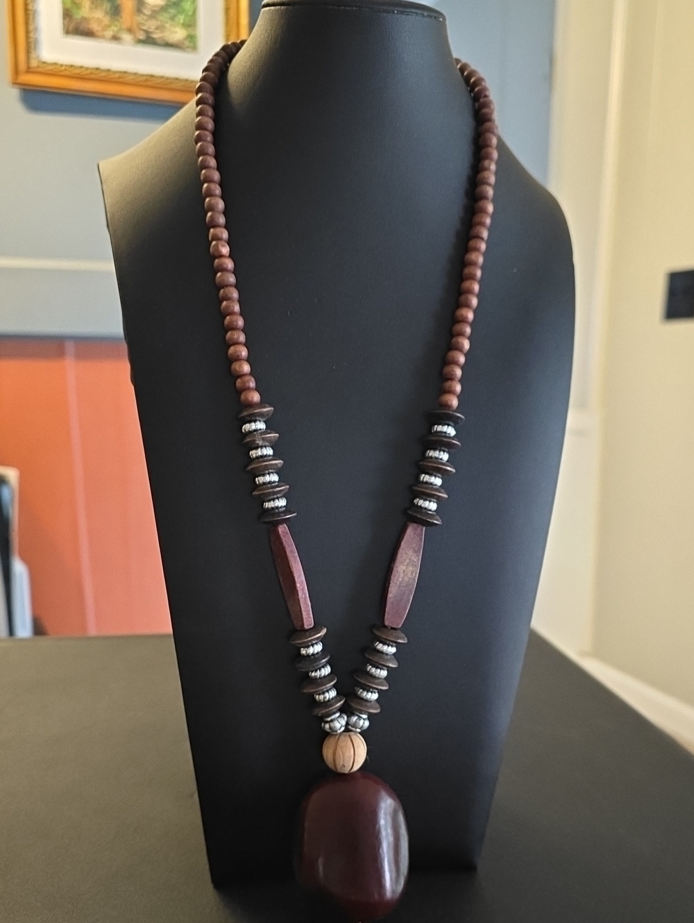 Handcrafted Brown Wood Bead Pendant Necklace - Unbranded